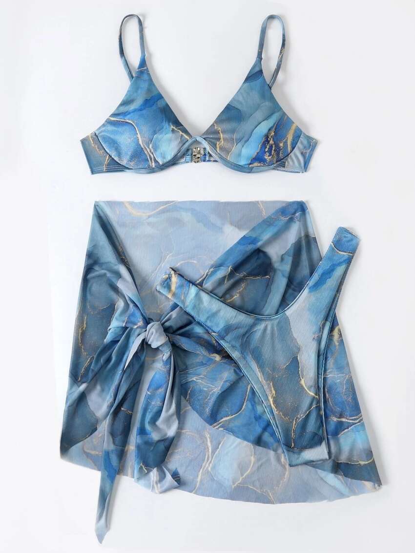 Marble Printed Lingerie 3pcs Bikini Swimwear Summer - Image 7